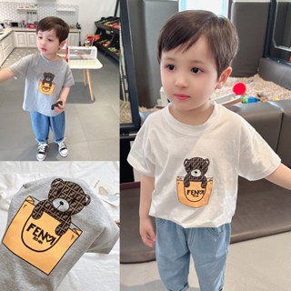 【Boy Top】เสื้อยืดแขนสั้น ผ้าฝ้าย 100% พิมพ์ลายหมี Budak Lelaki ทรงหลวม สไตล์เกาหลี สําหรับเด็ก (1-14 ปี)