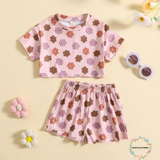 Babyclothes- ชุดเสื้อครอปแขนสั้น ลายดอกไม้ และกางเกงขาสั้น แฟชั่นฤดูร้อน สําหรับเด็กผู้หญิง 2 ชิ้น