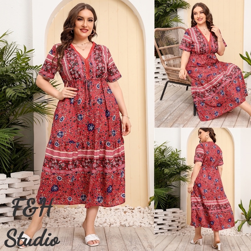 F&H 2990-S-4XL Vintage V คอ Plus ขนาด Boho ดอกไม้ชุดยาวสําหรับผู้หญิง
