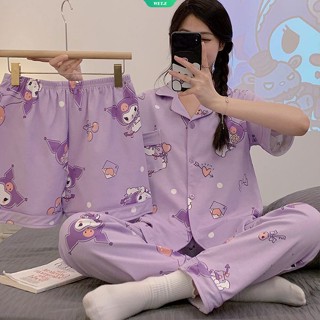 ชุดนอน เสื้อคาร์ดิแกนแขนสั้น กางเกงขาสั้น ลายการ์ตูน Sanrio Kuromi น่ารัก สไตล์เกาหลี เหมาะกับฤดูร้อน สําหรับผู้หญิง และนักเรียน