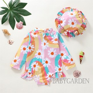 Babygarden-0-4 ปี ชุดว่ายน้ําเด็กผู้หญิง แขนยาว คอตั้ง ซิป ชายหาด บอดี้สูท ชุดว่ายน้ํา + หมวก