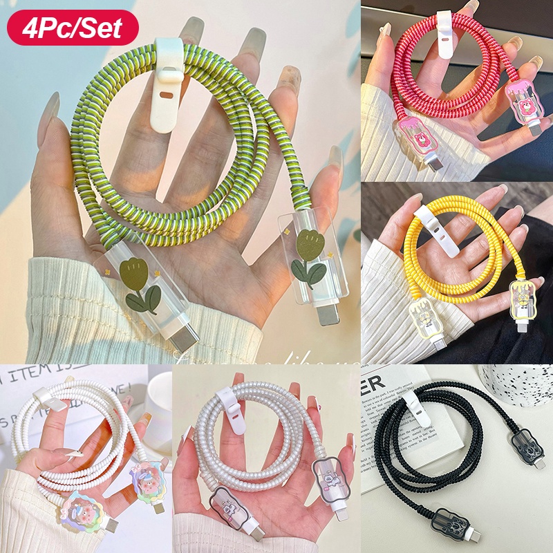 ตัวป้องกันสายเคเบิล ลายการ์ตูน สําหรับสายชาร์จ iP 20W 11Promax 12 13Pro TypeC 4 ชิ้น ต่อชุด