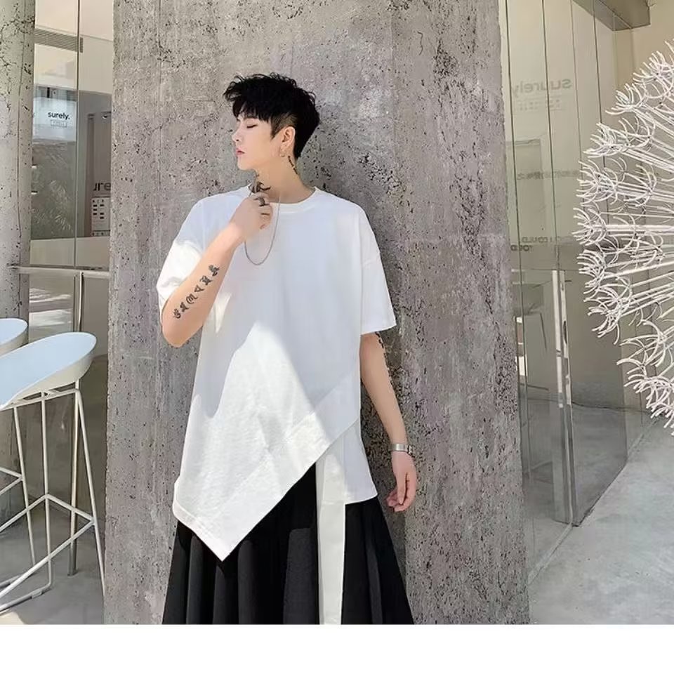 ผู้ชายอินเทรนด์ไม่สม่ําเสมอเสื้อยืดช่างทําผมขนาดบวกครึ่งแขน Yoji Yamamoto Dark Niche Design ตัดผม