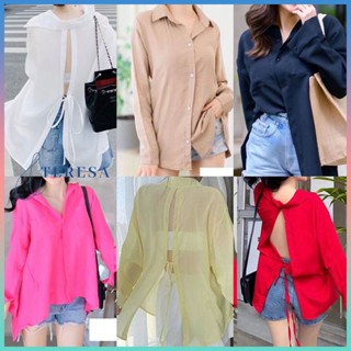 เสื้อเชิ้ตเเขนยาวเเฟชั่นเปิดหลัง ผู้หญิงเสื้อบาง กลางและยาว เบาสบายสไตล์ลำลอง
