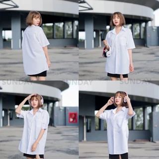 เสื้อนักศึกษาทรงบอย ทรงบอยแขนสามเหลี่ยม เสื้อเชิ้ตแขนสั้นสีทึบ พร้อมส่ง