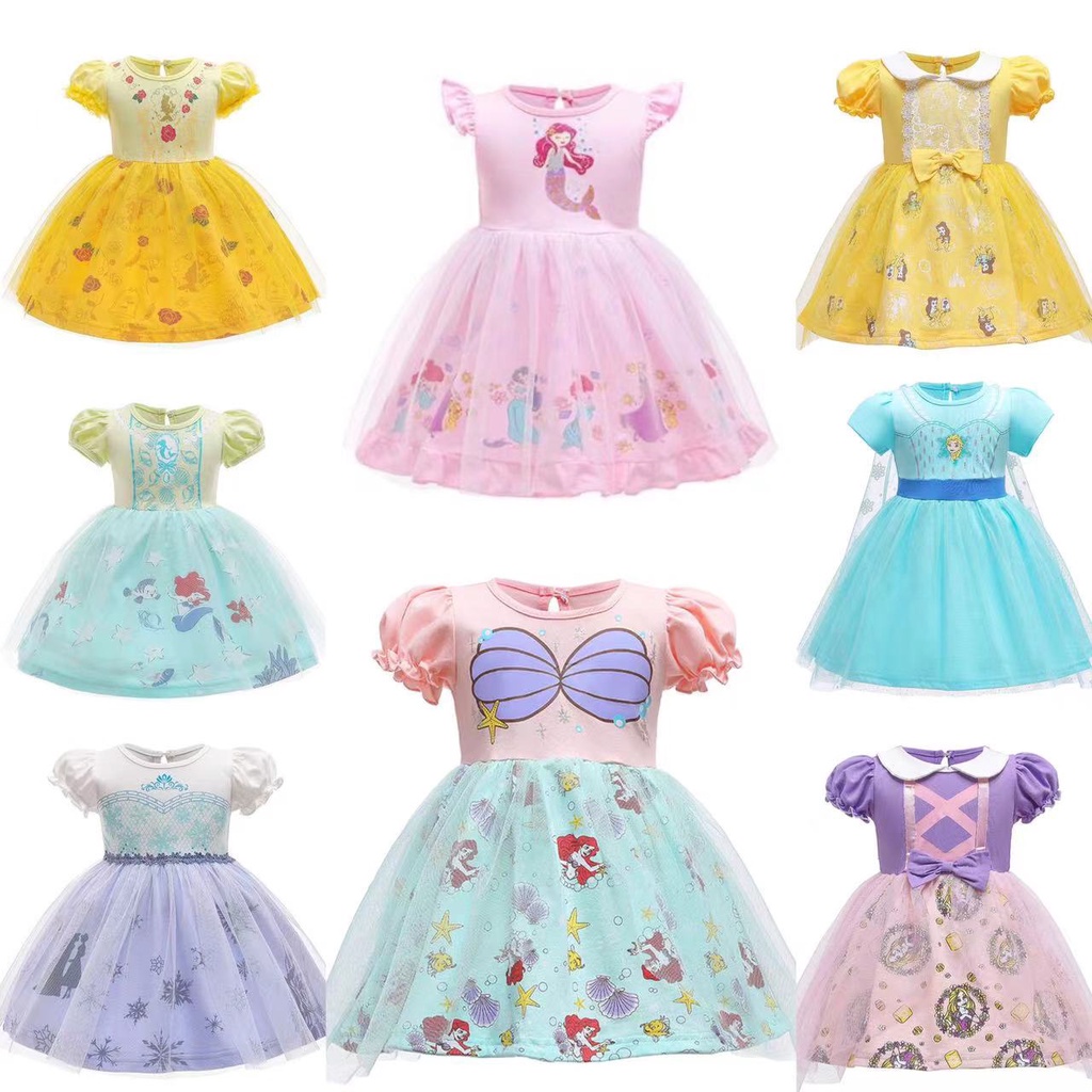 2025 ชุดเดรสเด็กผู้หญิงสไตล์ใหม่ตาข่ายแขนพัฟเสื้อผ้าเด็ก Frozen Elsa Princess Dress Dress