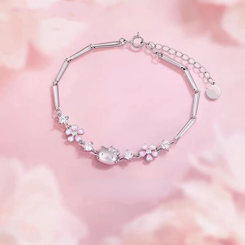 ซากุระเพชร Hello Kitty เครื่องประดับ, สไตล์เกาหลี, สร้อยข้อมือแฟชั่นน่ารักหรูหราสําหรับผู้หญิง, อะนิเมะ, ของขวัญที่สวยงามสําหรับสาว ๆ