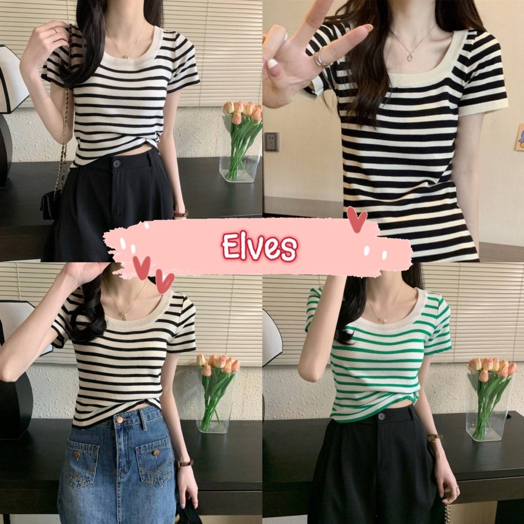 Elves พร้อมส่ง เสื้อไหมพรมแขนสั้น คอกลม ดีเทลลายทางคิ้วๆ ~88618~ -C