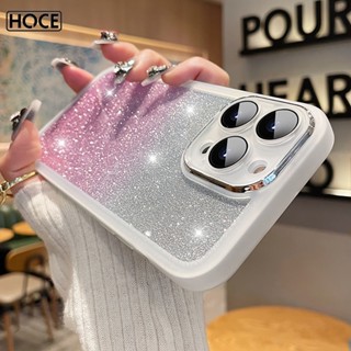 Hoce เคสโทรศัพท์มือถือแบบนิ่ม ใส กันกระแทก แต่งกลิตเตอร์ ไล่โทนสี พร้อมฟิล์มกันรอยเลนส์กล้อง สําหรับ Iphone 14 13 12 11 Pro Max X XR 7 8 Plus