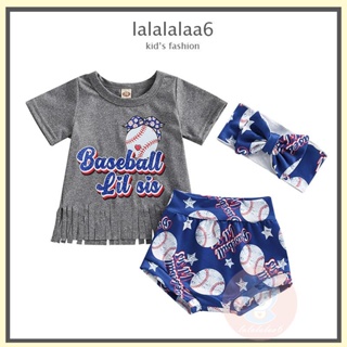 Laa6- เสื้อคอกลม แขนสั้น พิมพ์ลายตัวอักษร และกางเกงขาสั้น พิมพ์ลายเบสบอล และที่คาดผม แฟชั่นฤดูร้อน สําหรับเด็กผู้หญิง