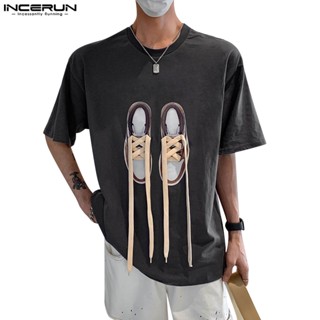 Incerun เสื้อยืดแขนสั้น ผ้าถัก พิมพ์ลายลูกไม้ แฟชั่นสําหรับผู้ชาย