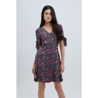 ESP เดรสลายดอกไม้คอวีแต่งโบว์ ผู้หญิง | Floral Print Dress with Bow Detail | 5816