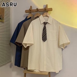 ASRV แนวโน้มเสื้อเชิ้ตผู้ชายฤดูร้อนสีทึบคอตั้งชายแขนห้าส่วนใหม่ยอดนิยมฮาราจูกุด้านบน