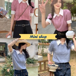 Mini shop🌸พร้อมส่ง🌸 (50062-3) เสื้อไหมพรมแขนสั้นคอปก ดีเทลลายเปีย 2ชั้นติดกัน  ""