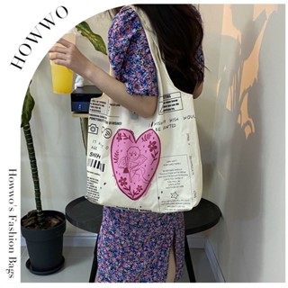 Howwo Graffiti Cupid Shopping Bag กระเป๋าผ้าใบสะพายไหล่สำหรับนักเรียนช้อปปิ้งความจุขนาดใหญ่สไตล์เกาหลี