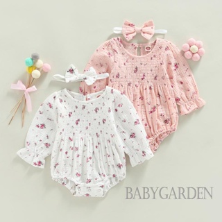 Babygarden-0-24 เดือน ชุดรอมเปอร์ แขนยาว พิมพ์ลายดอกไม้ + ที่คาดผม สําหรับเด็กผู้หญิง