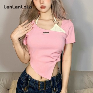 Lanlanlolo เสื้อยืดลําลอง แขนสั้น เข้ารูป สีพื้น เซ็กซี่ แฟชั่นสําหรับสตรี 2023