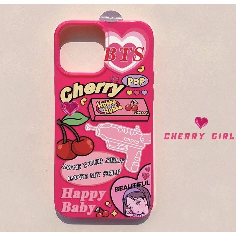 เคสโทรศัพท์สีชมพูสกรีนลายเชอร์รี่ น่ารัก นิ่ม กันกระแทก สำหรับ 13/12/14 Plus Pro Max 8/7 Plus X/XR ทุกรุ่น #5046