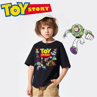 เสื้อยืด พิมพ์ลายการ์ตูน Toy Story น่ารัก สีดํา สําหรับเด็กนักเรียนผู้ชาย และเด็กผู้หญิง