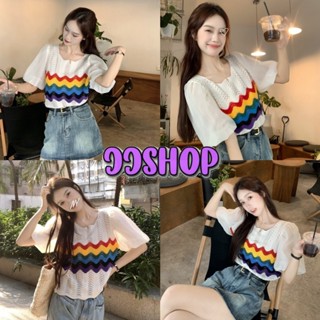 JJ shop 💜พร้อมส่ง เสื้อถัก ไหมพรม แขนชีฟองดีเทลคอหยัก ลายทางสีรุ้ง "C632-1" -C