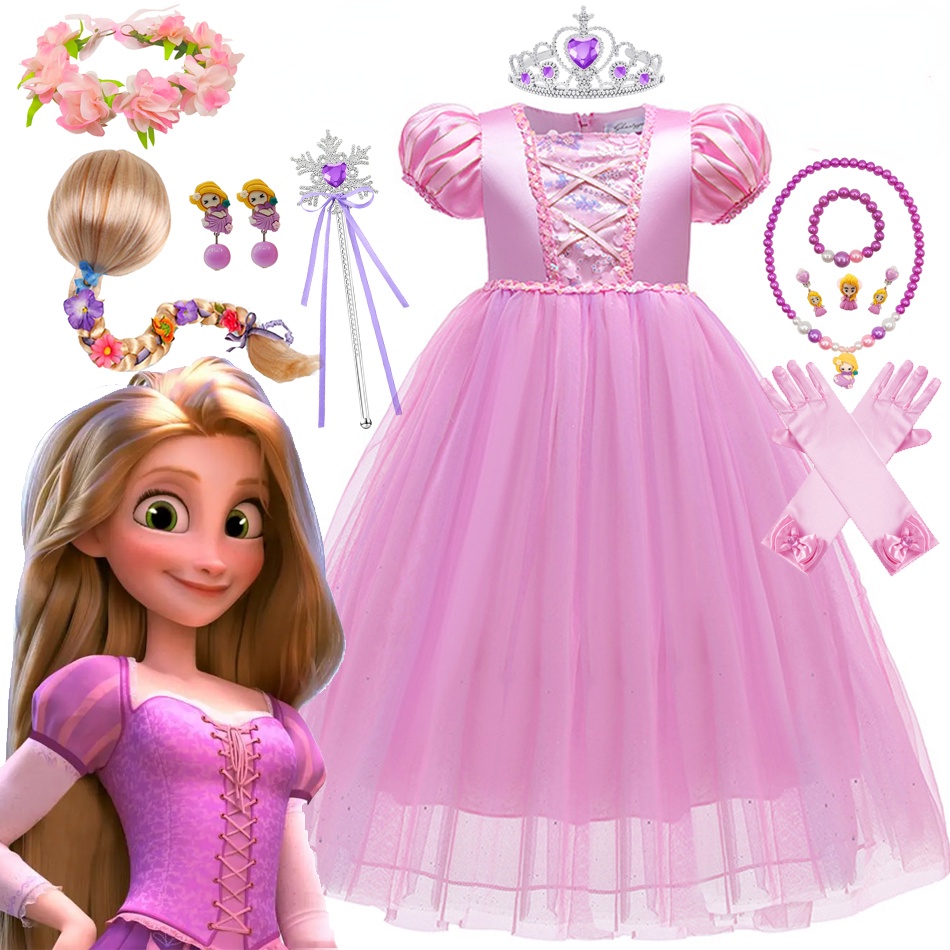 LXAA K68 เจ้าหญิงราพันเซลชุดสาว Tangled เด็กคอสเพลย์เครื่องแต่งกายสําหรับทารกพัฟแขนกลีบตาข่ายวันเกิด