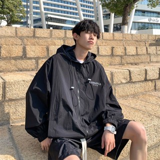 เสื้อโค้ทกันแดด มีฮู้ด พิมพ์ลาย สไตล์ฮ่องกง สําหรับผู้ชาย