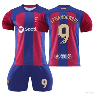 เสื้อกีฬาแขนสั้น ลายทีมชาติฟุตบอล Barcelona Lewandowski ชุดเหย้า 2 ชิ้น ต่อชุด 23-24 ชุด