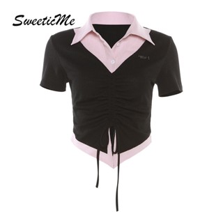 Sweeticme ใหม่ เสื้อยืดโปโล แขนสั้น คอปก สีตัดกัน เข้ารูป เข้ากับทุกการแต่งกาย แฟชั่นสําหรับผู้หญิง 2023