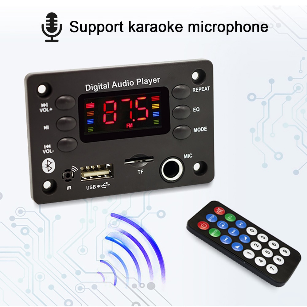 บอร์ดถอดรหัส เครื่องเล่น MP3 DC 5V 12V บลูทูธ 5.0 วิทยุ FM เครื่องเล่นเสียง Lossless DIY รองรับ USB TF AUX ไมโครโฟนระยะไกล