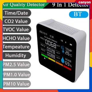 เครื่องตรวจจับคุณภาพอากาศมัลติฟังก์ชั่น 9 ใน 1 การตรวจสอบแบบเรียลไทม์ ความเข้มข้นของ Co2 ค่า Hcho ค่า Tvoc ค่า PM2.5/pm1.0/pm10 ค่าอุณหภูมิและความชื้นสัมพัทธ์ แคนยอน