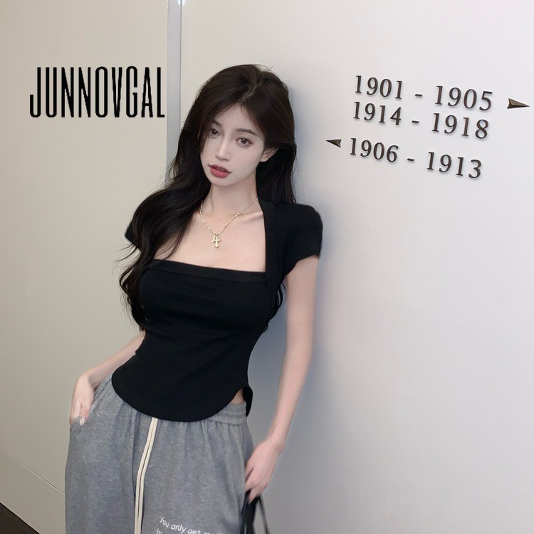 Junnovgal เสื้อยืดแขนสั้น คอสี่เหลี่ยม เปิดไหล่ สีพื้น แฟชั่นใหม่ สําหรับผู้หญิง 2023