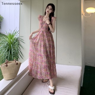[TESN] ใหม่ ชุดเดรสยาว ทรงเอ แขนพลิ้ว ลายดอกไม้ หรูหรา แฟชั่นฤดูร้อน สําหรับสตรี OOQ