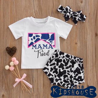 Khh- ชุดเสื้อยืดคอกลม และกางเกงขาสั้น พิมพ์ลายวัว สีขาว และผ้าโพกศีรษะ สําหรับเด็กผู้หญิง สามชิ้น