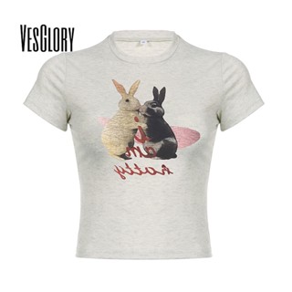 Vesglory ใหม่ เสื้อยืดลําลอง แขนสั้น คอกลม พิมพ์ลายกระต่าย สีตัดกัน สําหรับสตรี 2023