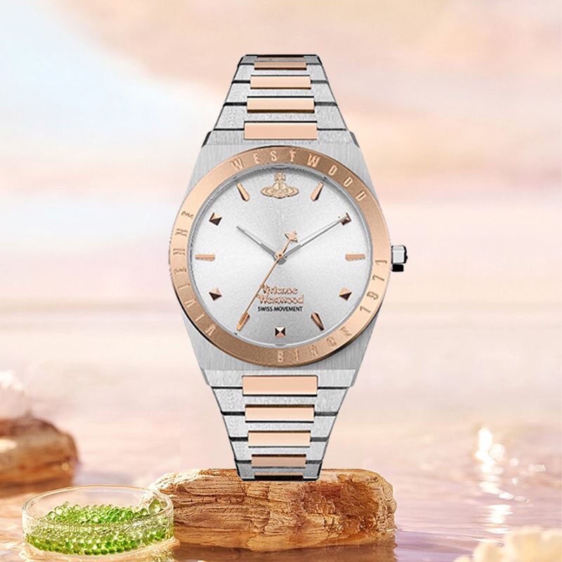 (($ยอดนิยม $) Vivienne Westwood Vivienne Westwood Queen Saturn Elements นาฬิกาข้อมือ สายสแตนเลส สีโร