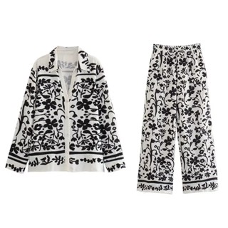 เสื้อเชิ้ตแขนยาว คอปก พิมพ์ลาย + กางเกง 9573
