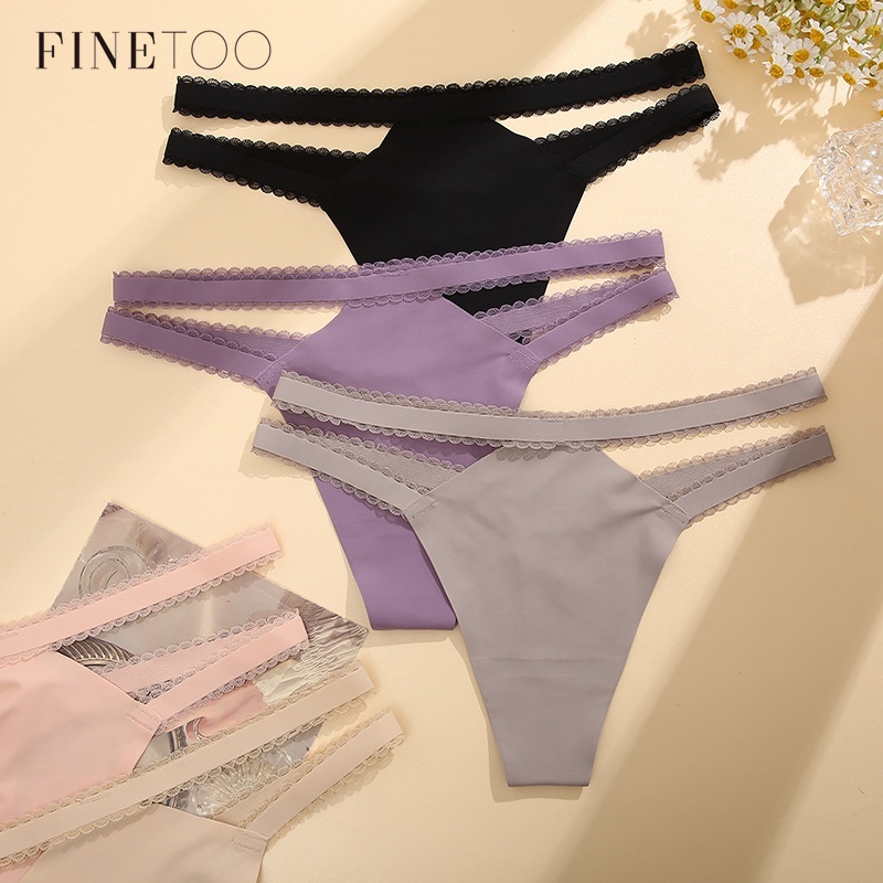 Finetoo กางเกงชั้นในจีสตริง เอว V ลายทาง สีพื้น สําหรับสตรี 3 ชิ้น/ชุด