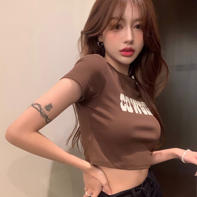 Dreehalo เสื้อครอปผู้หญิง เสื้อยืดแขนสั้นทรงสกินนี่ มีความยืดหยุ่นเพียงพอ สวมใส่สบาย เสื้อ เสื้อยืด T-shirt