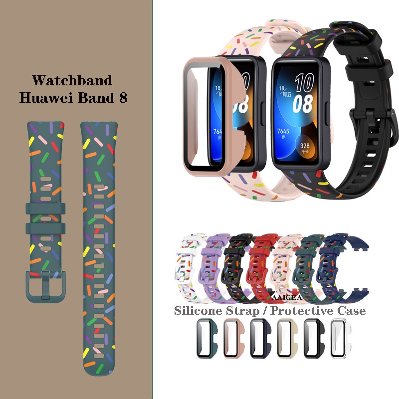 สําหรับ Huawei Band 7 / 8 / 9 เคสป้องกันหน้าจอกระจกนิรภัย / สายซิลิโคน พิมพ์ลาย สายรัดข้อมือสมาร์ทวอทช์
