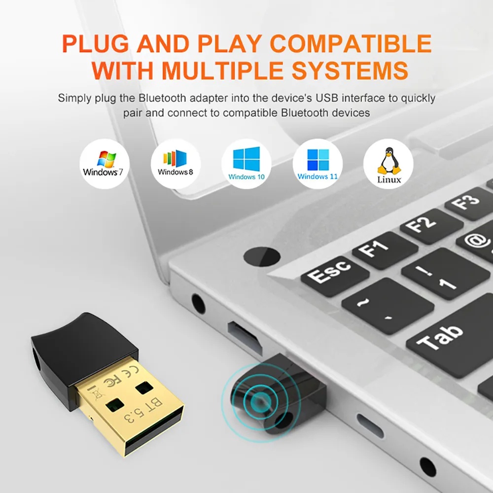 อะแดปเตอร์ USB บลูทูธ 5.3 สําหรับ PC รองรับ Windows11 10 8.1 7 Plug & Play เครื่องส่งสัญญาณบลูทูธ ตัวรับสัญญาณ BT สําหรับคีย์บอร์ด เมาส์ หูฟัง ลําโพง