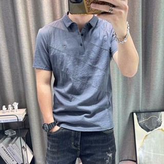 Spot high-quality short-sleeved polo shirt mens 2023 summer new handsome youth bottom shirt high-end lapel Paul shirt slim tencel cotton blouse with collar clothes for boys