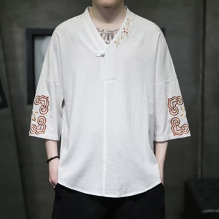 Chinoiserie เสื้อยืด คอวี แขนสามส่วน ปักลาย สไตล์วินเทจ สําหรับผู้ชาย