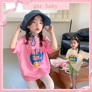 🍎GNR BABY🍊เสื้อยืดแขนสั้นลําลอง ทรงหลวม พิมพ์ลายตัวอักษร สไตล์เกาหลี สําหรับเด็กผู้หญิง อายุ 3-12 ปี