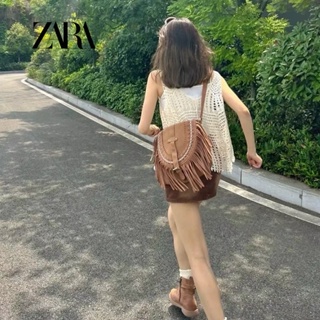 Zara กระเป๋าสะพายไหล่ สะพายข้าง หนังนิ่มเทียม แฮนด์เมด ขนาดเล็ก ประดับพู่ สไตล์เรโทร แฟชั่นสําหรับสตรี