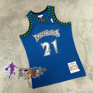 เสื้อกีฬาบาสเก็ตบอล NBA Mitchell &amp; Ness Jersey Minnesota Timberwolves สําหรับผู้ชาย #21 เสื้อกีฬาแขนสั้น ลายทีม Kriss Garnett 2003-04 สีฟ้า 448595