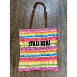 MIU MIU CROCHET WOVEN LOGO TOTE BAG รุ่นใหม่  กระเป๋าสาน multicolors ปักlogo มิวมิว