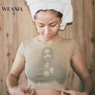 Weania เสื้อยืดครอป แขนสั้น พิมพ์ลาย สไตล์อเมริกัน เซ็กซี่ ฤดูร้อน สําหรับผู้หญิง