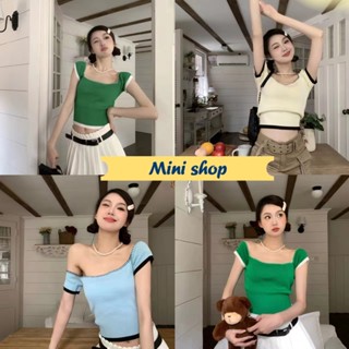 Mini shop🌸พร้อมส่ง🌸 (31030)  เสื้อไหมพรม ใส่ได้2แบบ เปิดไหล่/แขนสั้น มี3สี -C