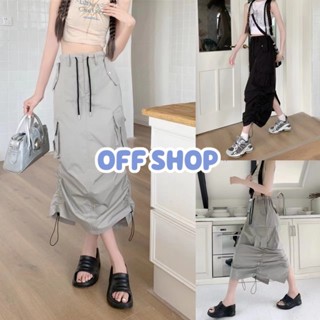 OFF SHOP พร้อมส่ง (OFF-2327) กระโปรงยาวผ้าร่ม เอวสูง สม๊อคมีกระเป๋า2 ข้าง ยืดเล็กน้อย  -NZ-XM