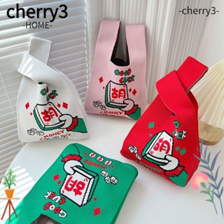 Cherry3 กระเป๋าถือ ผ้าถักนิตติ้ง แฮนด์เมด ความจุสูง นํากลับมาใช้ใหม่ได้ สําหรับผู้หญิง